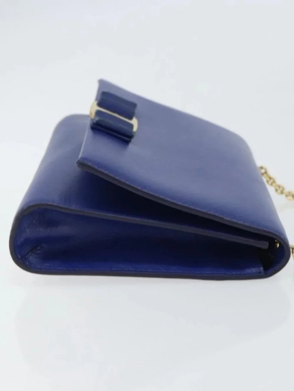 Salvatore Ferragamo Vala Chain Shoulder Bag Leather Blue Gold Auth 161081